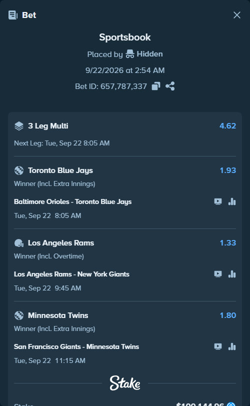 Bet slip: Baltimore Orioles - Toronto Blue Jays, $100,144.96 stake at 1.93 odds, placed by Hidden