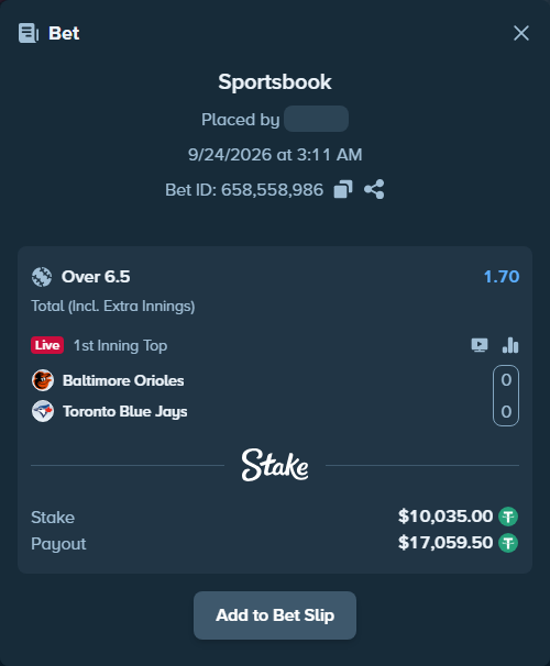 Bet slip: Baltimore Orioles - Toronto Blue Jays, $10,035.00 stake at 1.70 odds, placed by nandonzr