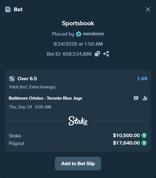 Bet slip: Baltimore Orioles - Toronto Blue Jays, $10,500.00 stake at 1.68 odds, placed by nandonzr
