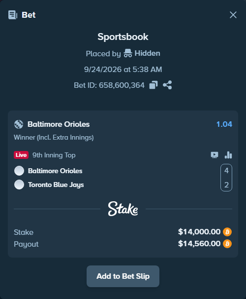 Bet slip: Baltimore Orioles - Toronto Blue Jays, $13,978.21 stake at 1.04 odds, placed by Hidden