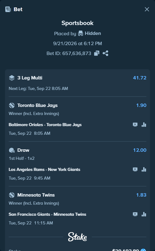 Bet slip: Baltimore Orioles - Toronto Blue Jays, $30,193.80 stake at 1.90 odds, placed by Hidden