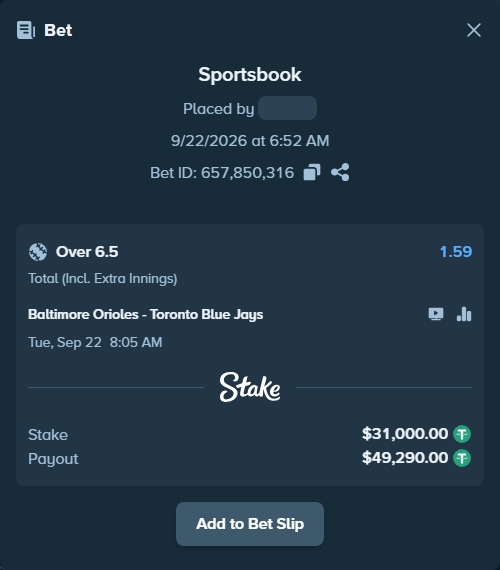 Bet slip: Baltimore Orioles - Toronto Blue Jays, $31,000.00 stake at 1.59 odds, placed by nandonzr