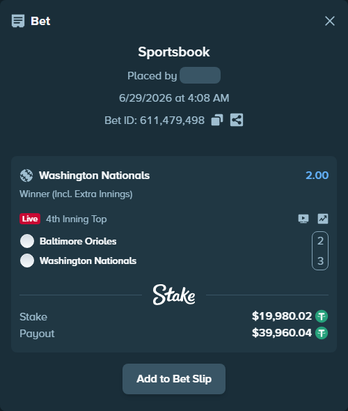 Bet slip: Baltimore Orioles - Washington Nationals, $20,000.00 stake at 2.00 odds, placed by ayoflasher