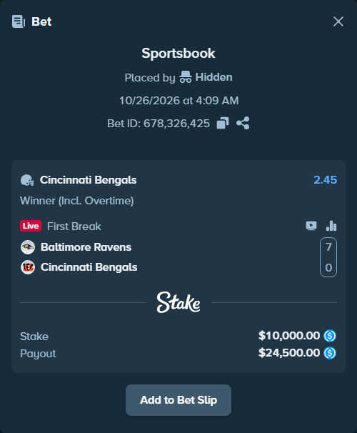 Bet slip: Baltimore Ravens - Cincinnati Bengals, $10,000.00 stake at 2.45 odds, placed by Hidden
