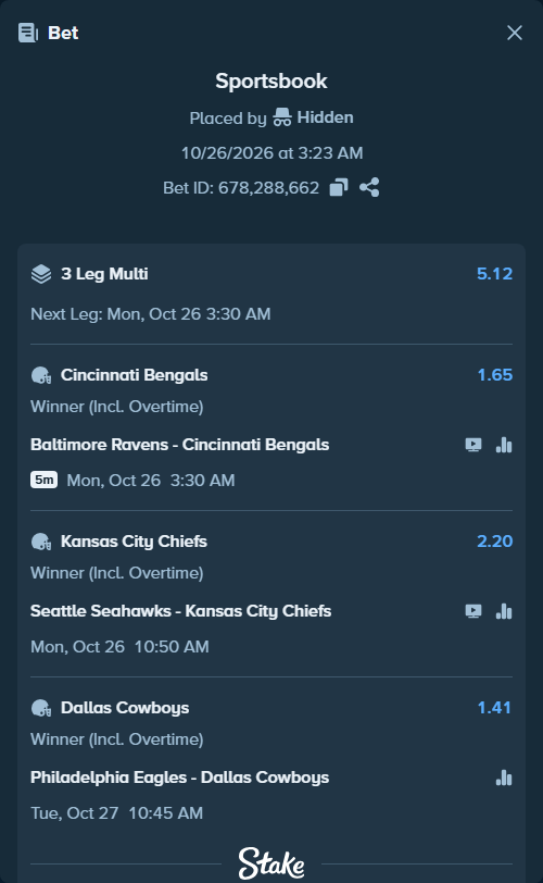 Bet slip: Baltimore Ravens - Cincinnati Bengals, $10,723.09 stake at 1.65 odds, placed by Bigfoltz