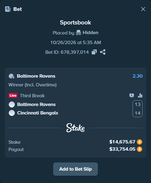Bet slip: Baltimore Ravens - Cincinnati Bengals, $14,657.97 stake at 2.30 odds, placed by Syversi