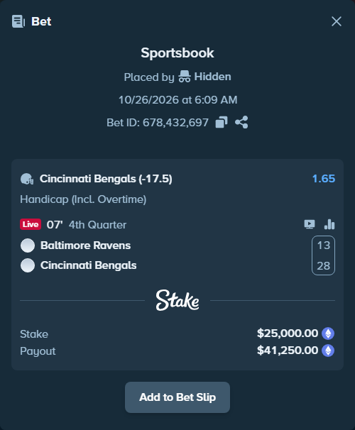 Bet slip: Baltimore Ravens - Cincinnati Bengals, $24,430.61 stake at 1.65 odds, placed by Jollysea
