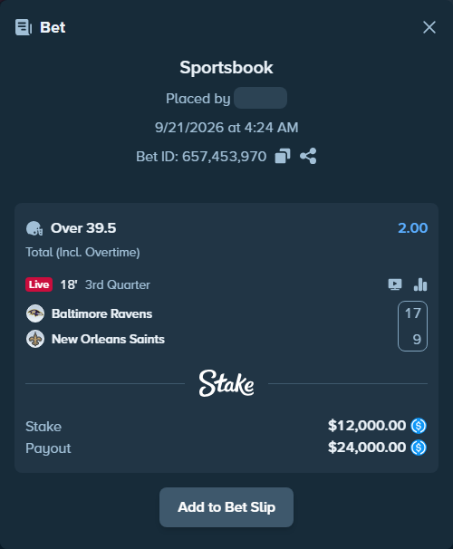 Bet slip: Baltimore Ravens - New Orleans Saints, $12,000.00 stake at 2.00 odds, placed by dubelindiwe