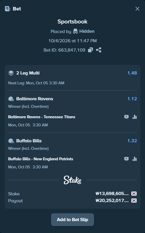 Bet slip: Baltimore Ravens - Tennessee Titans, $10,273.95 stake at 1.12 odds, placed by 조인웅