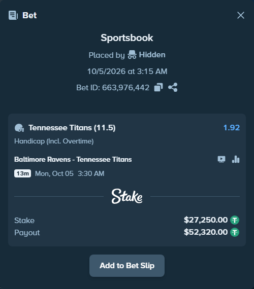 Bet slip: Baltimore Ravens - Tennessee Titans, $27,250.00 stake at 1.92 odds, placed by oscardv1981