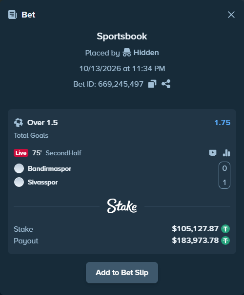 Bet slip: Bandirmaspor - Sivasspor, $105,233.00 stake at 1.75 odds, placed by Hidden