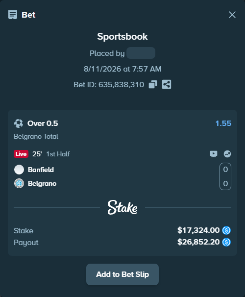 Bet slip: Banfield - Belgrano, $17,324.00 stake at 1.55 odds, placed by SH7N28