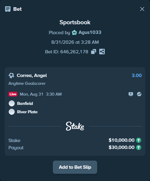 Bet slip: Banfield - River Plate, $10,000.00 stake at 3.00 odds, placed by Agus1033