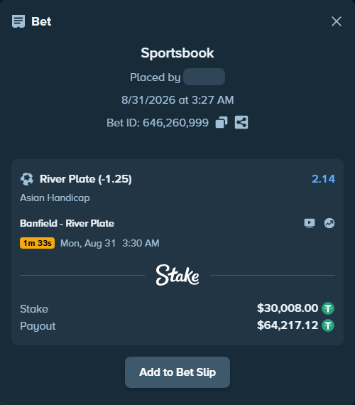 Bet slip: Banfield - River Plate, $30,008.00 stake at 2.14 odds, placed by Agus1033