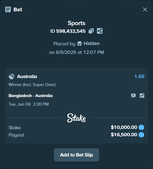 Bet slip: Bangladesh - Australia, $10,000.00 stake at 1.65 odds, placed by Hidden