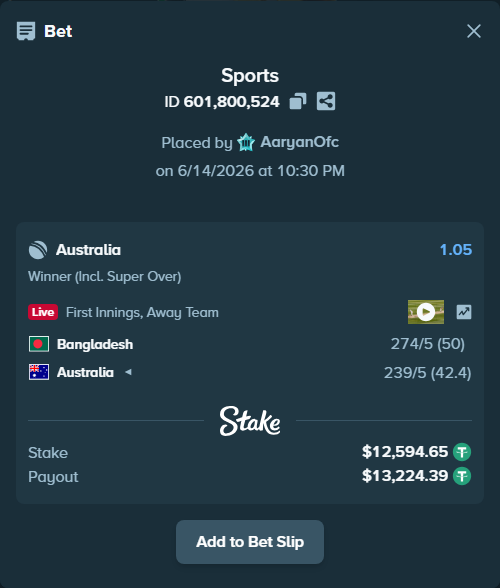 Bet slip: Bangladesh - Australia, $12,607.25 stake at 1.05 odds, placed by AaryanOfc