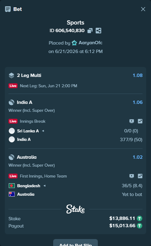 Bet slip: Bangladesh - Australia, $13,900.00 stake at 1.02 odds, placed by AaryanOfc
