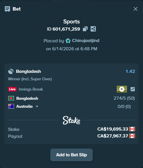 Bet slip: Bangladesh - Australia, $14,574.54 stake at 1.42 odds, placed by Chinujaatjind