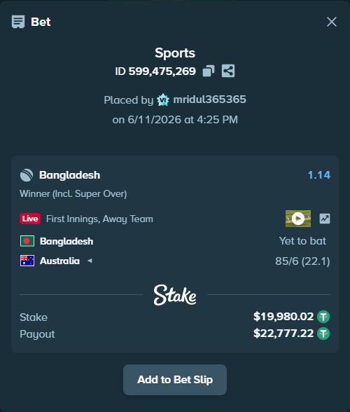 Bet slip: Bangladesh - Australia, $20,000.00 stake at 1.14 odds, placed by mridul365365