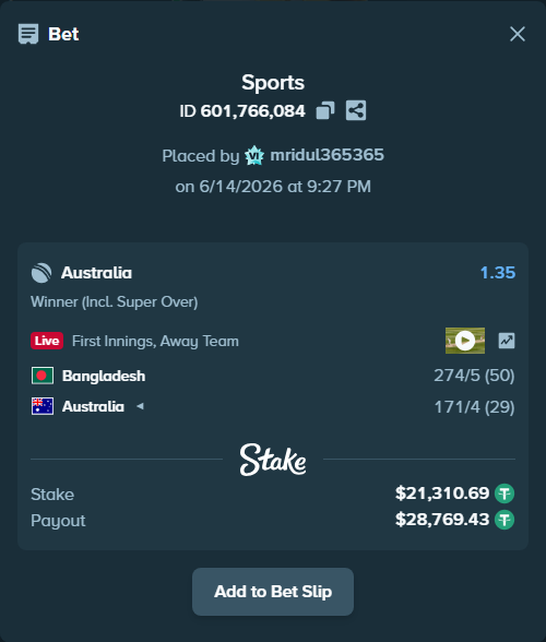 Bet slip: Bangladesh - Australia, $21,332.00 stake at 1.35 odds, placed by mridul365365