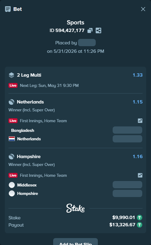 Bet slip: Bangladesh - Netherlands, $10,000.00 stake at 1.15 odds, placed by mridul365365