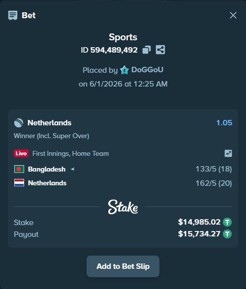 Bet slip: Bangladesh - Netherlands, $15,000.00 stake at 1.05 odds, placed by DoGGoU