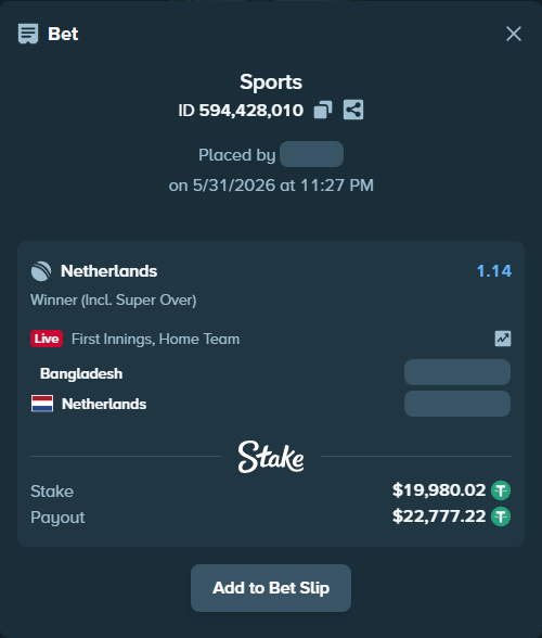 Bet slip: Bangladesh - Netherlands, $20,000.00 stake at 1.14 odds, placed by mridul365365