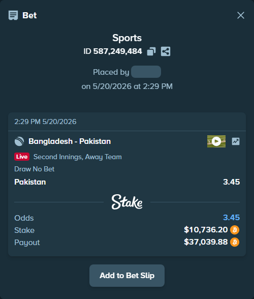 Bet slip: Bangladesh - Pakistan, $8,986.18 stake at 3.45 odds, placed by Hophi777