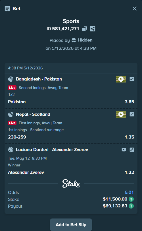 Bet slip: Bangladesh - Pakistan, $11,500.00 stake at 3.65 odds, placed by Hidden