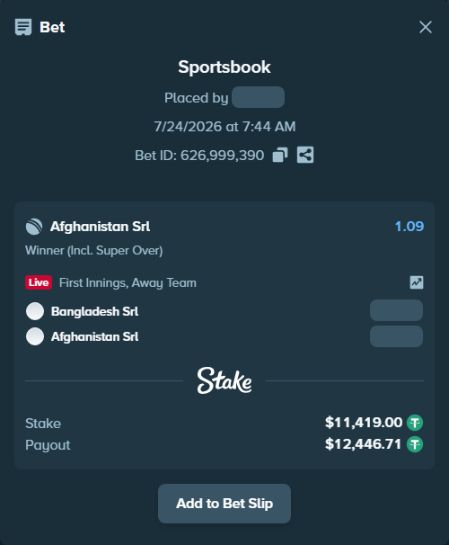 Bet slip: Bangladesh SRL - Afghanistan SRL, $11,430.42 stake at 1.09 odds, placed by liliamaria