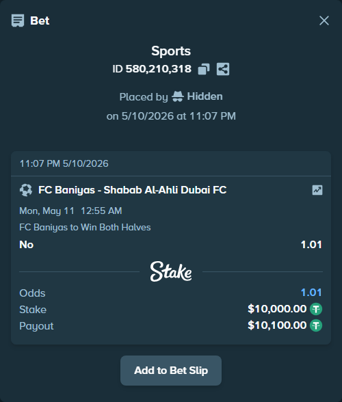Bet slip: Baniyas Club - Shabab Al Ahli Dubai, $10,000.00 stake at 1.01 odds, placed by Hidden