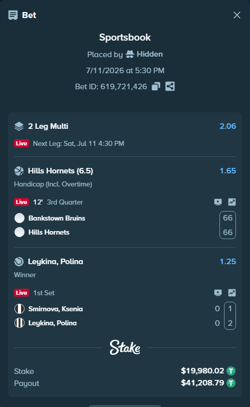 Bet slip: Bankstown Bruins - Hills Hornets, $20,000.00 stake at 1.65 odds, placed by Hidden