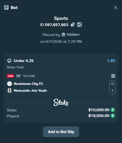 Bet slip: Bankstown City FC - Newcastle Jets Youth, $10,000.00 stake at 1.85 odds, placed by Hidden