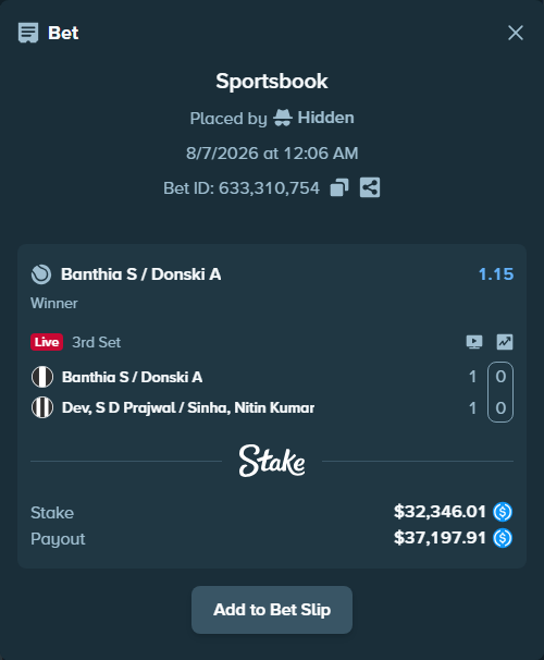 Bet slip: Banthia S / Donski A - Dev S D P / Sinha N K, $32,346.01 stake at 1.15 odds, placed by Hidden