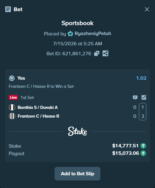 Bet slip: Banthia S / Donski A - Frantzen C / Haase R, $14,777.51 stake at 1.02 odds, placed by RyazheniyPetuh