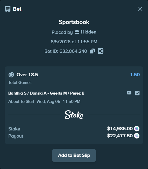 Bet slip: Banthia S / Donski A - Geerts M / Perez B, $14,711.85 stake at 1.50 odds, placed by Hidden