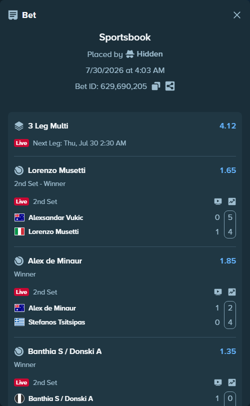 Bet slip: Banthia S / Donski A - Johnson L / Stevens B, $10,000.00 stake at 1.35 odds, placed by Hidden