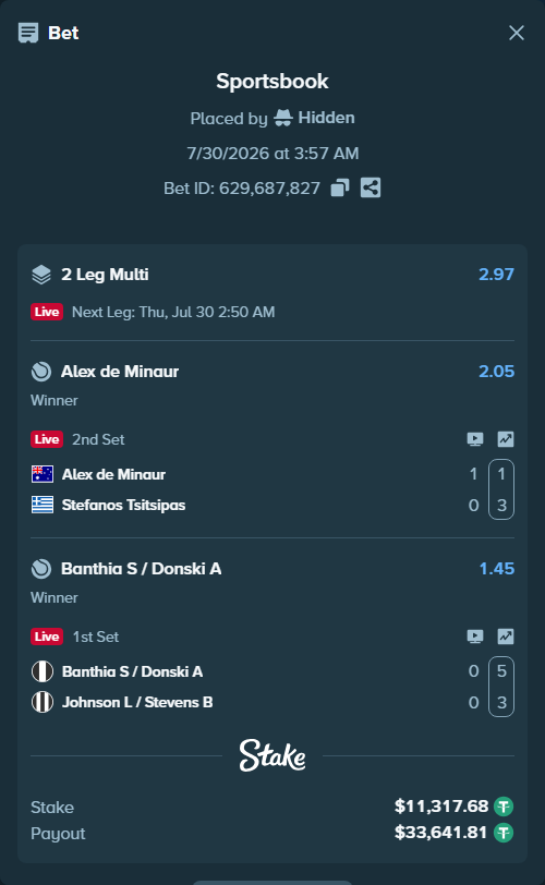 Bet slip: Banthia S / Donski A - Johnson L / Stevens B, $11,329.00 stake at 1.45 odds, placed by Hidden