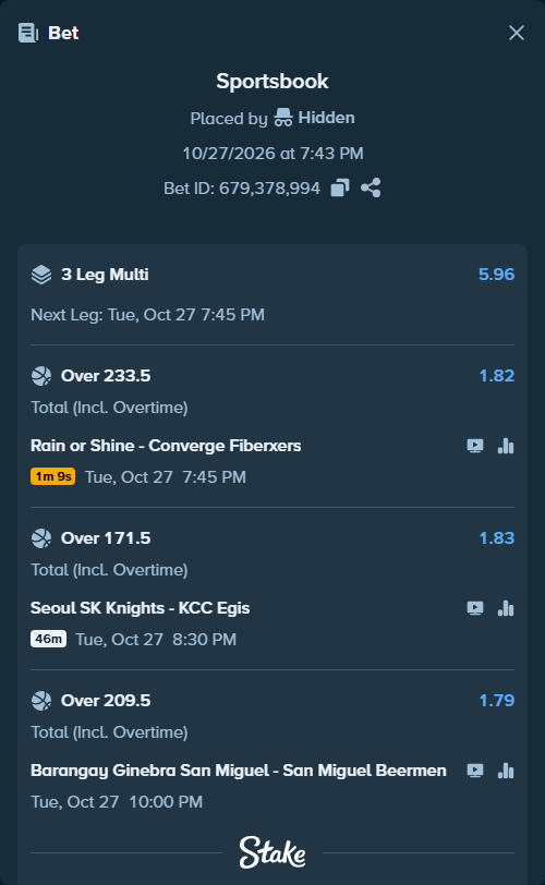 Bet slip: Barangay Ginebra - San Miguel Beermen, $21,767.79 stake at 1.79 odds, placed by SyztmzTV