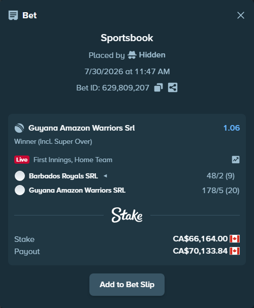 Bet slip: Barbados Royals SRL - Guyana Amazon Warriors SRL, $48,961.36 stake at 1.06 odds, placed by Hidden
