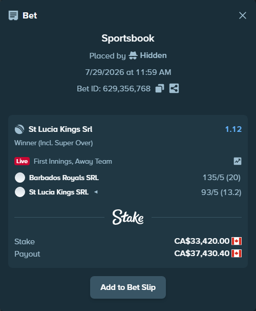 Bet slip: Barbados Royals SRL - St Lucia Kings SRL, $24,730.80 stake at 1.12 odds, placed by Hidden