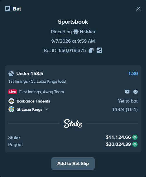 Bet slip: Barbados Tridents - St. Lucia Kings, $11,124.66 stake at 1.80 odds, placed by Hidden