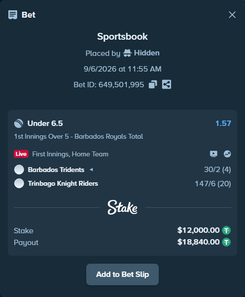 Bet slip: Barbados Tridents - Trinbago Knight Riders, $11,998.80 stake at 1.57 odds, placed by Hidden