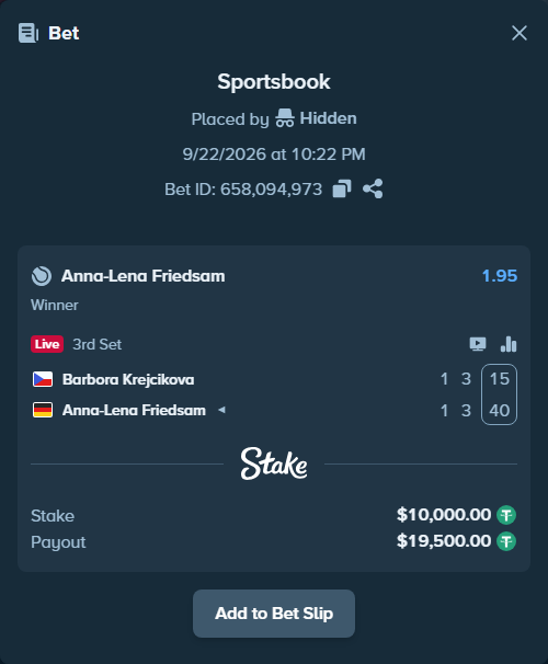 Bet slip: Barbora Krejcikova - Anna-Lena Friedsam, $10,000.00 stake at 1.95 odds, placed by Hidden