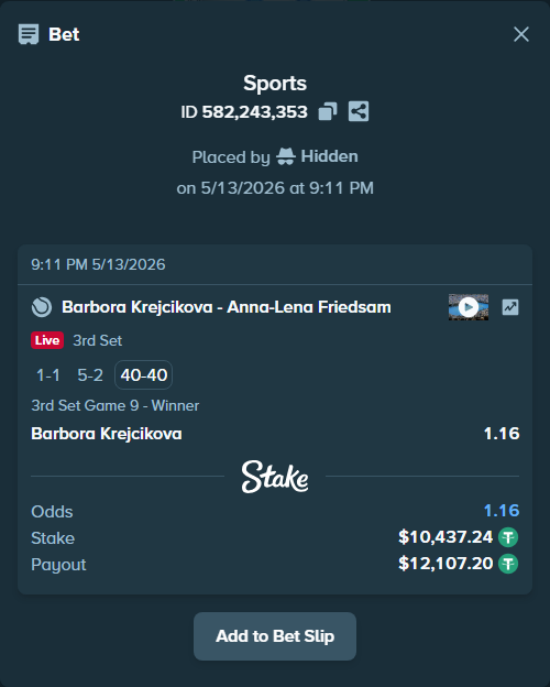 Bet slip: Barbora Krejcikova - Anna-Lena Friedsam, $10,437.24 stake at 1.16 odds, placed by Hidden