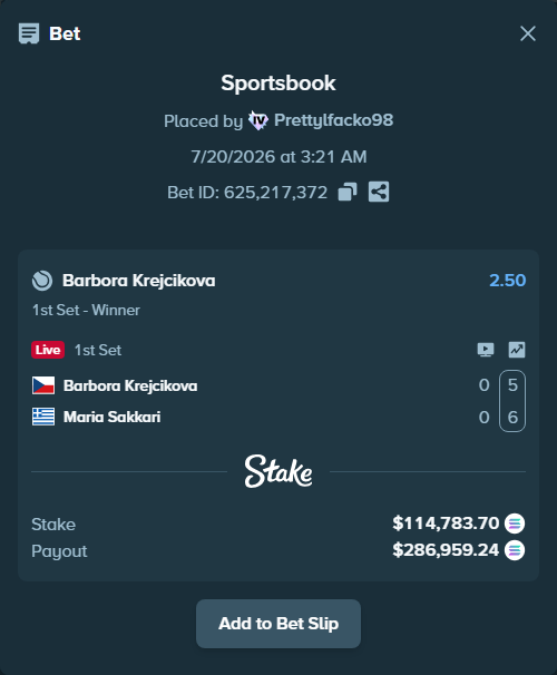 Bet slip: Barbora Krejcikova - Maria Sakkari, $109,688.51 stake at 2.50 odds, placed by Prettylfacko98