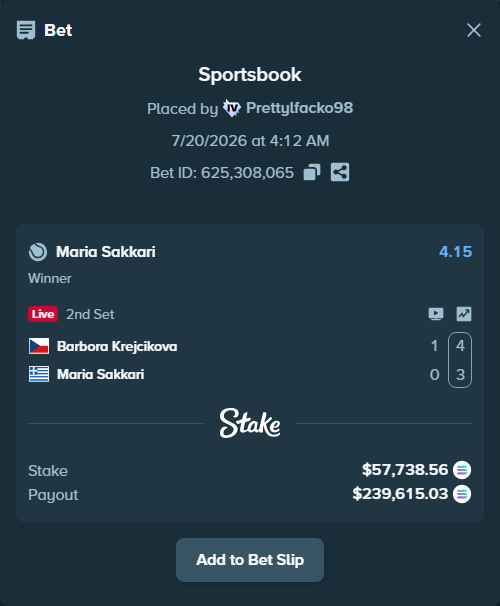 Bet slip: Barbora Krejcikova - Maria Sakkari, $55,511.24 stake at 4.15 odds, placed by Prettylfacko98