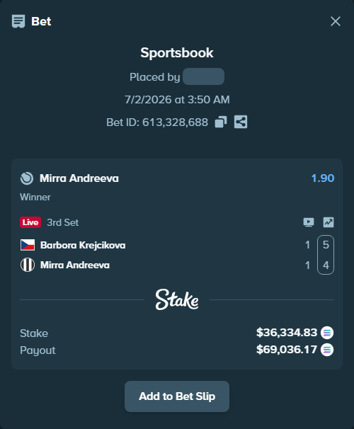 Bet slip: Barbora Krejcikova - Mirra Andreeva, $38,522.27 stake at 1.90 odds, placed by Prettylfacko98