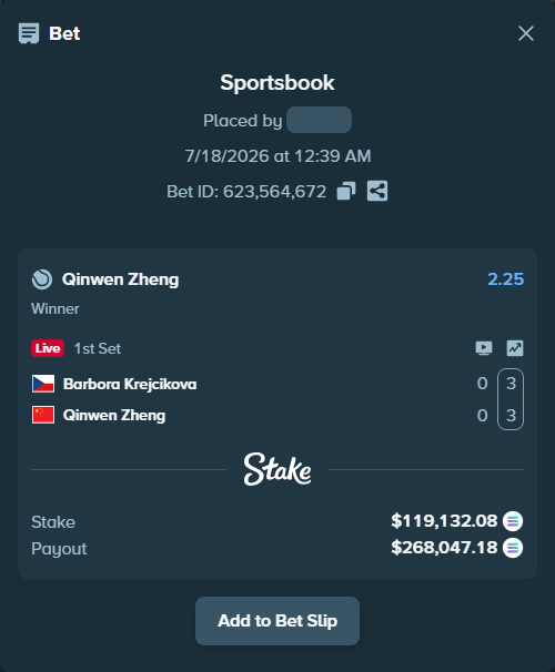 Bet slip: Barbora Krejcikova - Qinwen Zheng, $116,614.21 stake at 2.25 odds, placed by Prettylfacko98
