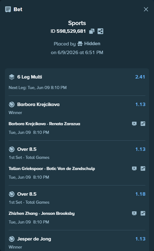Bet slip: Barbora Krejcikova - Renata Zarazua, $86,440.43 stake at 1.13 odds, placed by Hidden